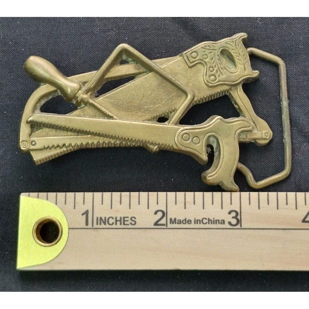 Vintage 1981 Baron Buckles Carpentry Belt Buckle Solid Brass Saws